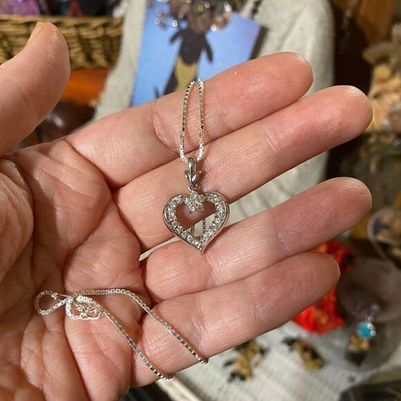 Sterling Silver CZ Heart Necklace Box Chain - Picture 5 of 7